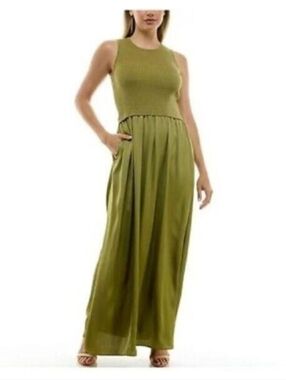 Taylor Olive Moss Green Mixed Media Maxi Dress XL Satin Skirt Ribbed Bodice